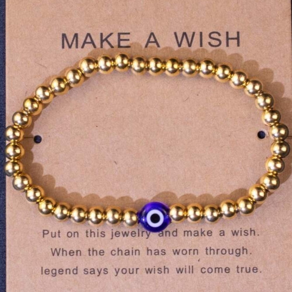 Gold Beaded Bracelet with Evil Eye Charm